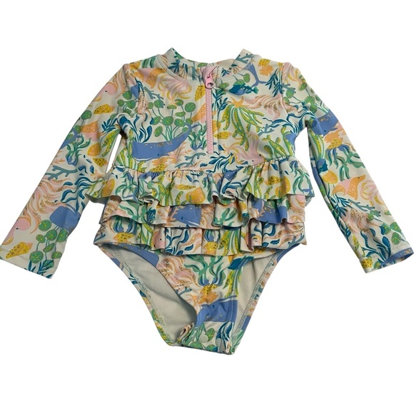 Tommy Bahama 24M Girls Rashguard Swimsuit | Whales Ruffles UPF 50+ - Picture 2 of 5